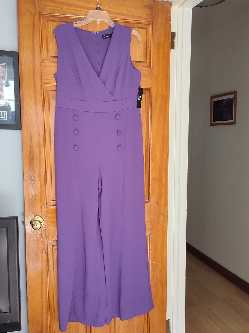 New York & Company Purple Sleeveless Wide-Leg Jumpsuit with Button Detail